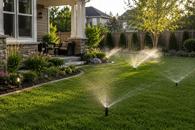 Irrigation sprinkler watering a lawn